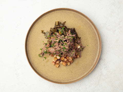 Shredded Beef With Collard Greens And Roasted Turnips