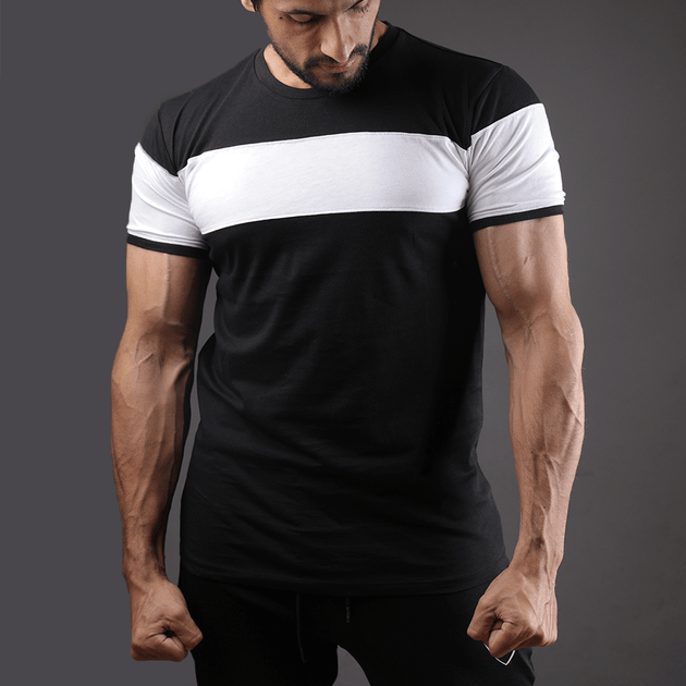 Black Half Sleeve Tee With White Chest Panel