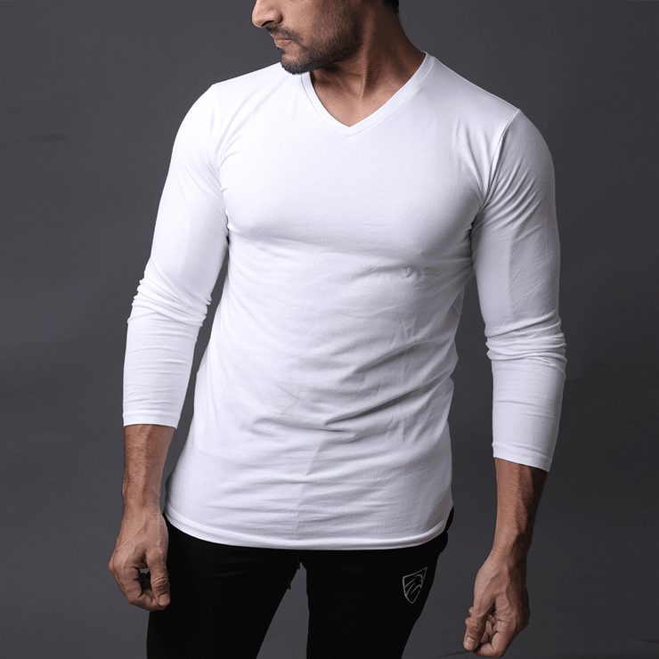 White Full Sleeve V-Neck Tee