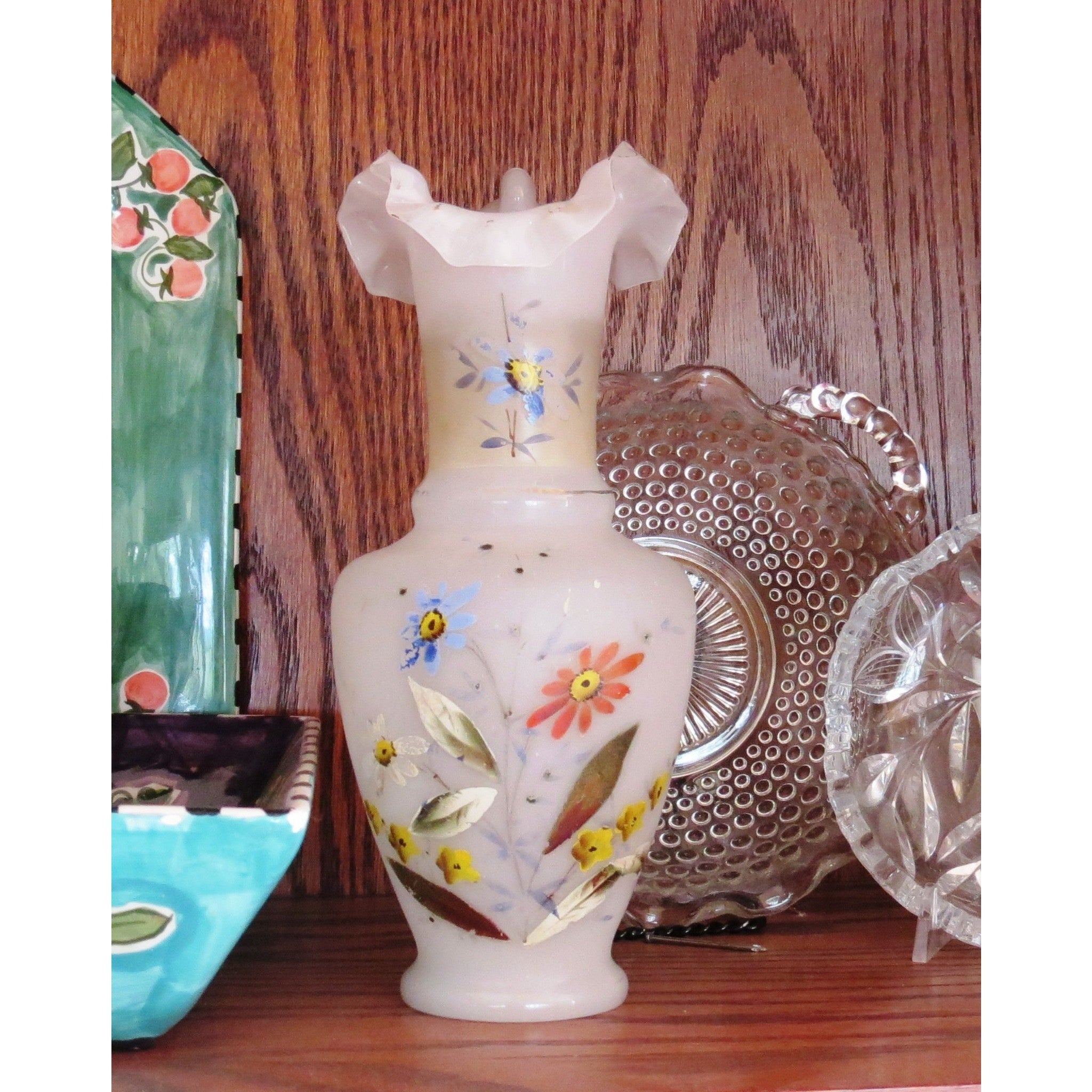 Vintage Hand Painted Glass Vase Fluted Lip Floral Design C 1920s