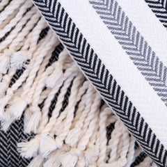 Closeup of handwoven tassels and motif on black and gray towel