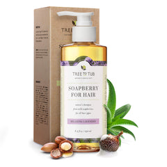 Deep Hydrating Shampoo Lavender pump bottle in front of its kraft box, around it are aloe vera, soapberry and argan oil garnishes