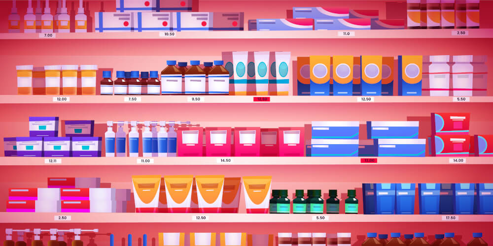Vector image of drugstore products on shelves