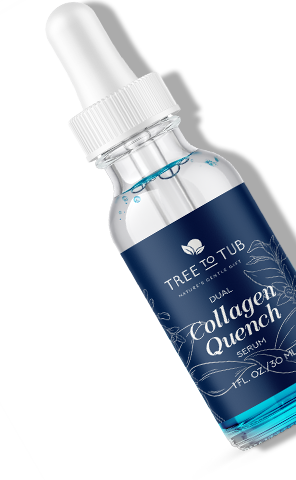 Slanted glass bottle of Vegan Collagen Quench Dual Serum with Hyaluronic Acid