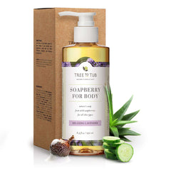 Deep Hydrating Body Wash Lavender pump bottle in front of its kraft box, around it are soapberry, cucumber and aloe vera garnishes.