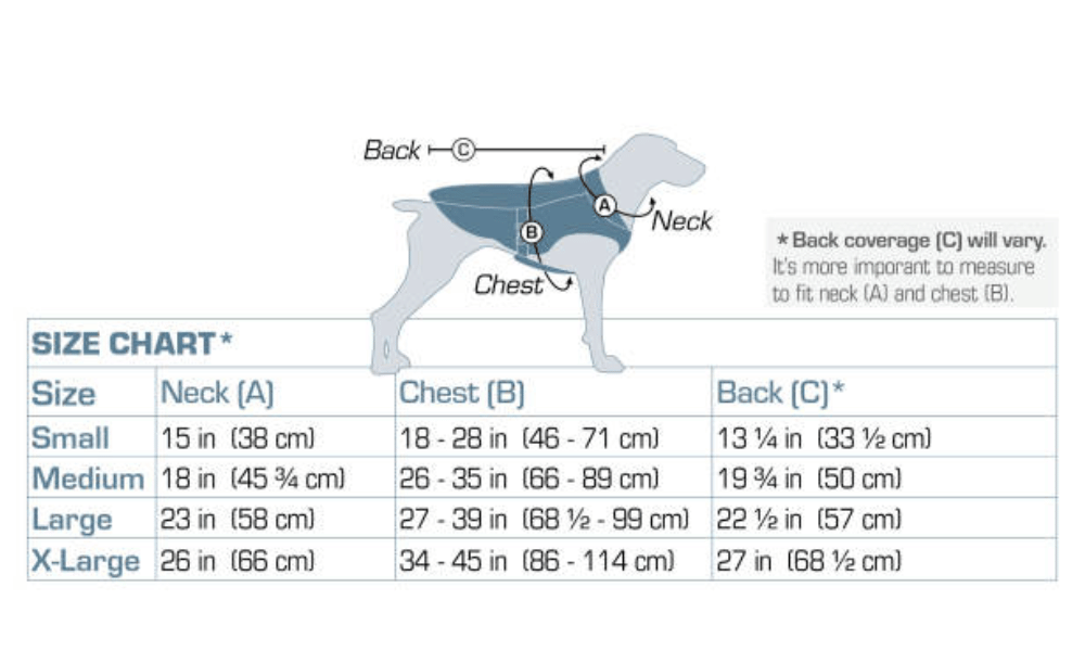 Core Cooling vest size chart