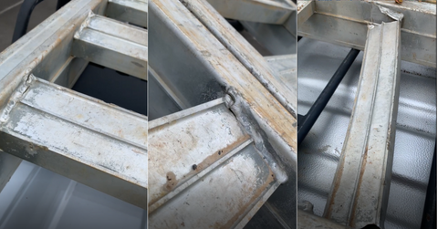 three side by side Images of an aluminium ramps' cracks and unwelded rungs