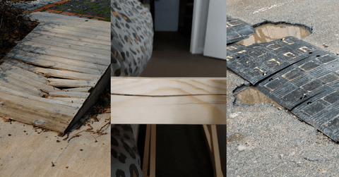 side by side images of a rotting wood ramp, a crack  at the part part of a wood ramp and a chipping rubber ramp installed on a ground