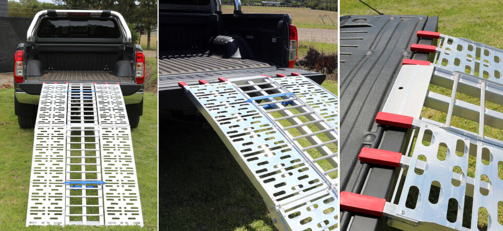 Three images of ramps up against a ute at different angles