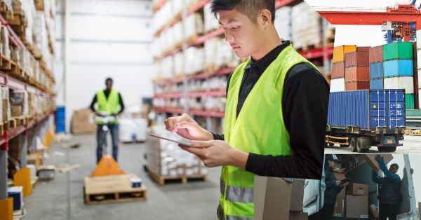 man inspecting goods, side images of goods being moved from a truck, shipping containers in an container yard