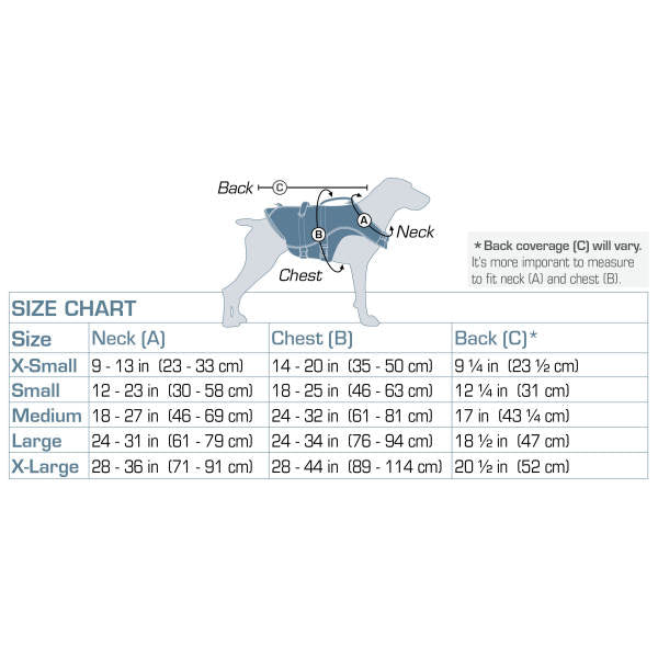 Surf N Turf Dog Jacket Size Chart