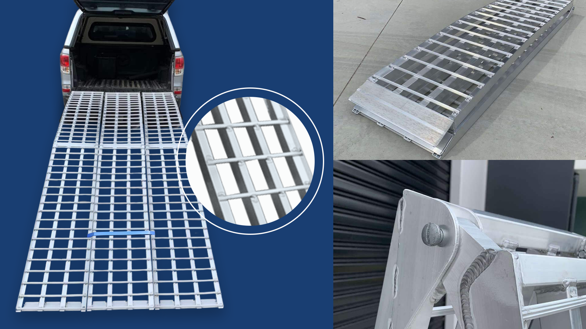 collage-of-heavy-duty-aluminium-loading-ramps-in-use-showing-a-pair-of-ramps-extending-from-the-back-of-a-pickup-truck-a-close-up-of-the-ramp-s-sturdy-construction-and-a-folded-ramp-for-easy-storage