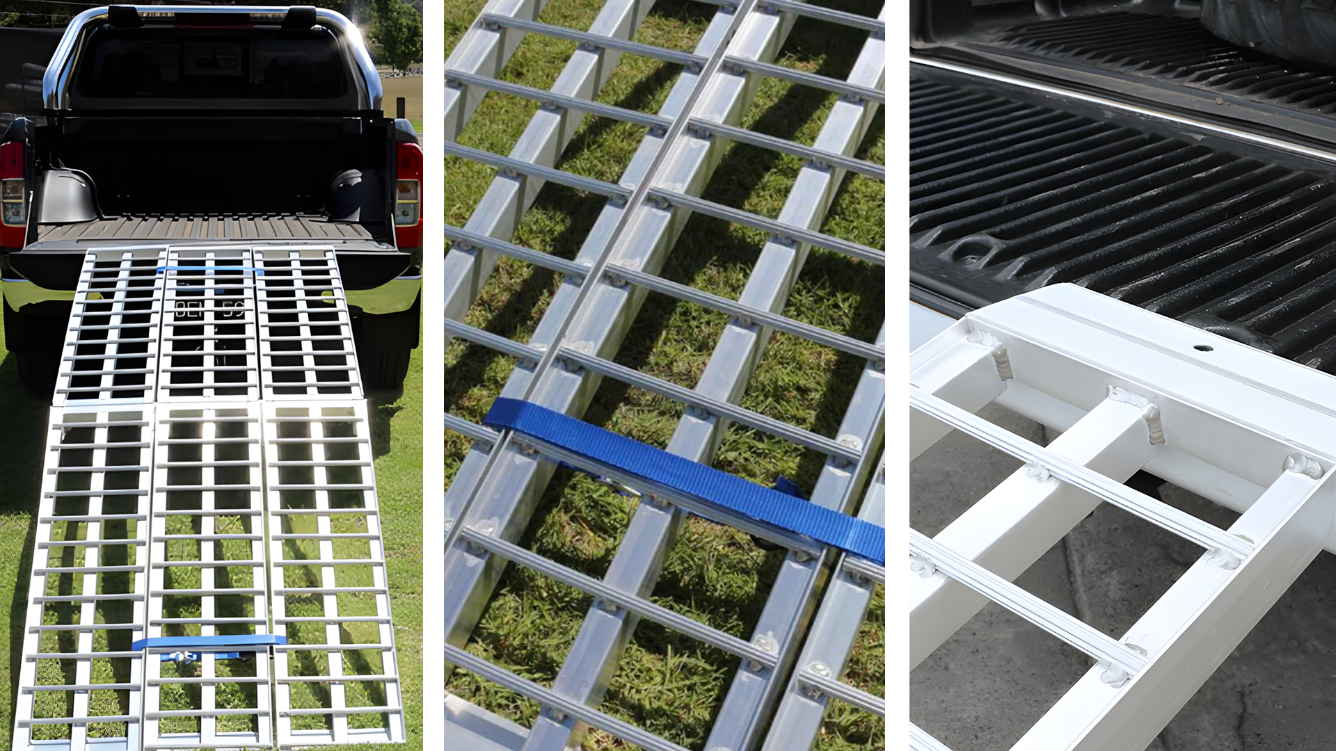 Truck loading ramp setup, ramp with securing strap on grass, and close-up of ramp attachment on truck bed.