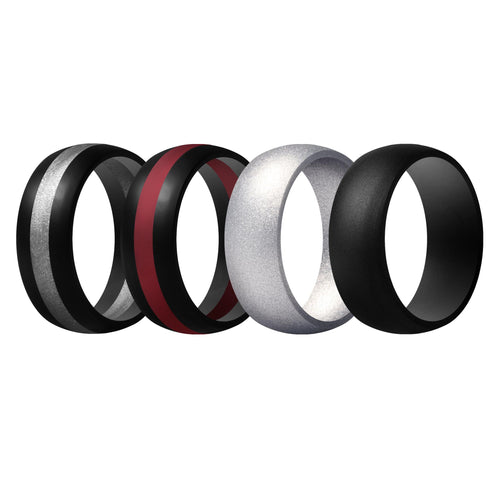 ThunderFit Mens Silicone Rings Wedding Bands - 4 Pack Classic & Middle Line 4 Pack#4 (Silver, Black Middle Silver, Black Middle Red, Black)