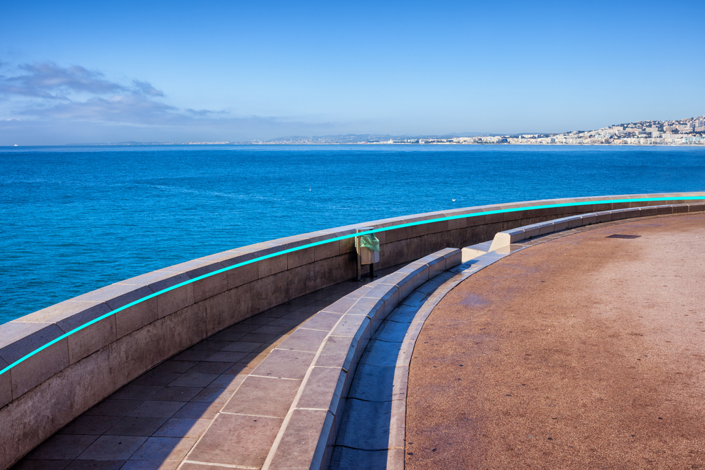 curved road bridge by the ocean, curved leading lines overlay