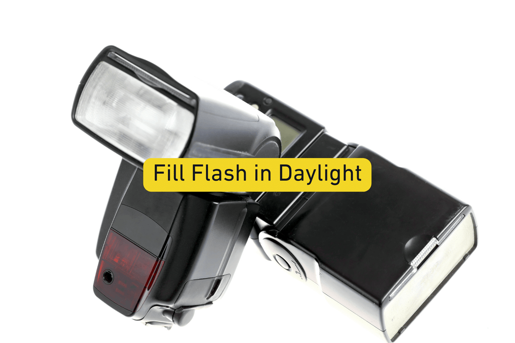 two camera flashes on a white background with Fill Flash in Daylight text overlay