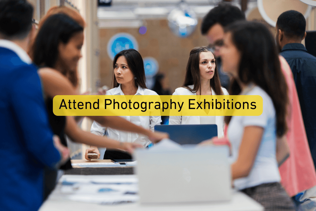 a group of people at event with Attend Photography Exhibitions text overlay