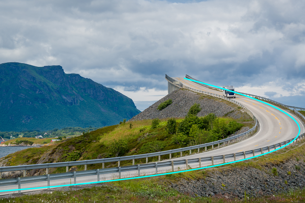 curved steep road and bridge, curved leading lines overlay