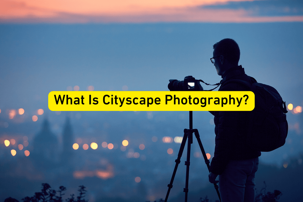 Silhouette of a photographer with a camera on a tripod photographing a cityscape