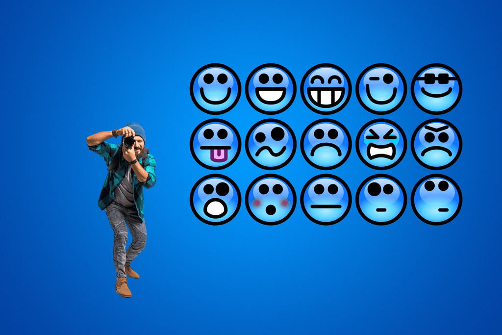professional photographer next to blue emojis with different facial expressions