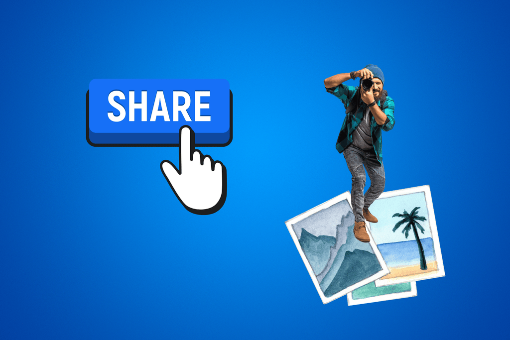 share icon next to professional photographer standing on top of landscape photos