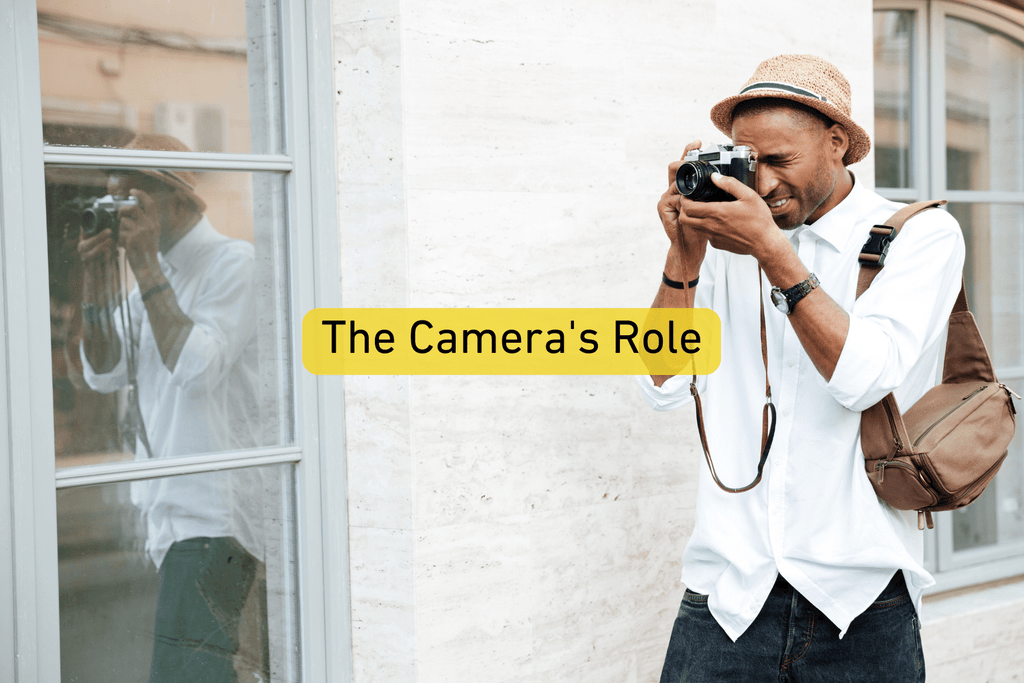 street photographer taking photos with The Camera's Role text overlay