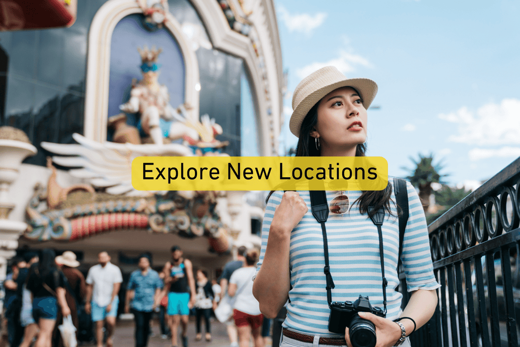 photo of a female photographer on the las vegas strip with Explore New Locations text overlay