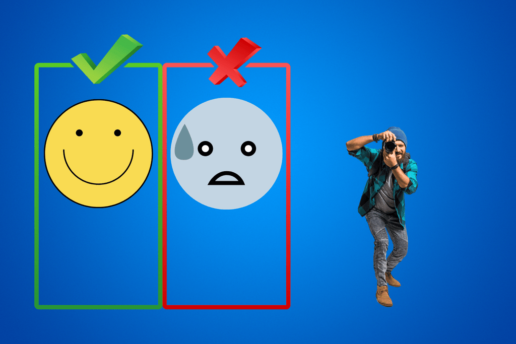 check mark next to a happy face emoji and x next to a nervous blue emoji