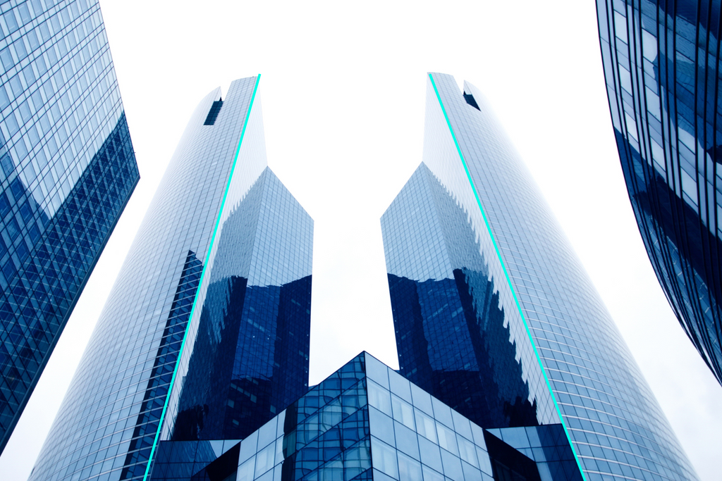 glass blue skyscrapers, vertical leading lines overlay