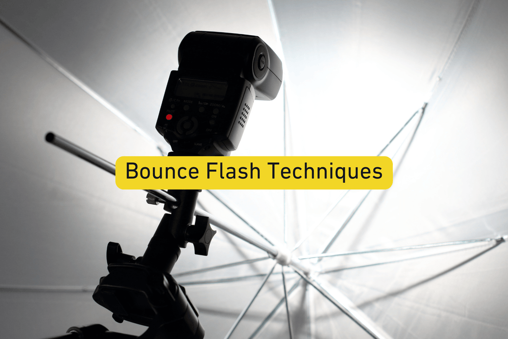 photo of camera flash inside of photography umbrella with Bounce Flash Techniques text overlay