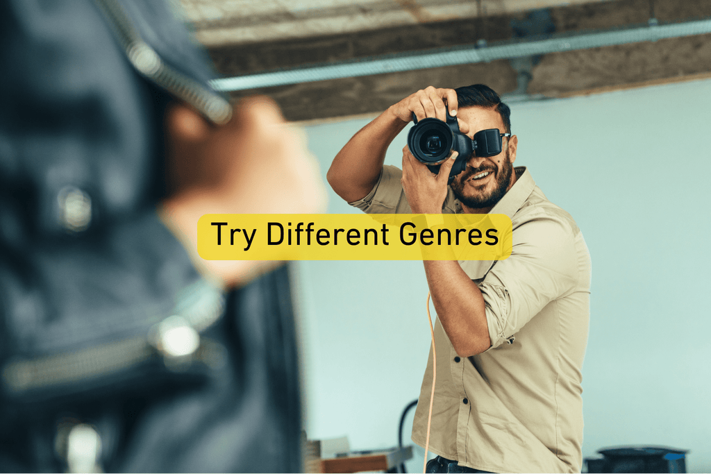 male photographer taking a picture of a model in a studio with Try Different Genres text overlay