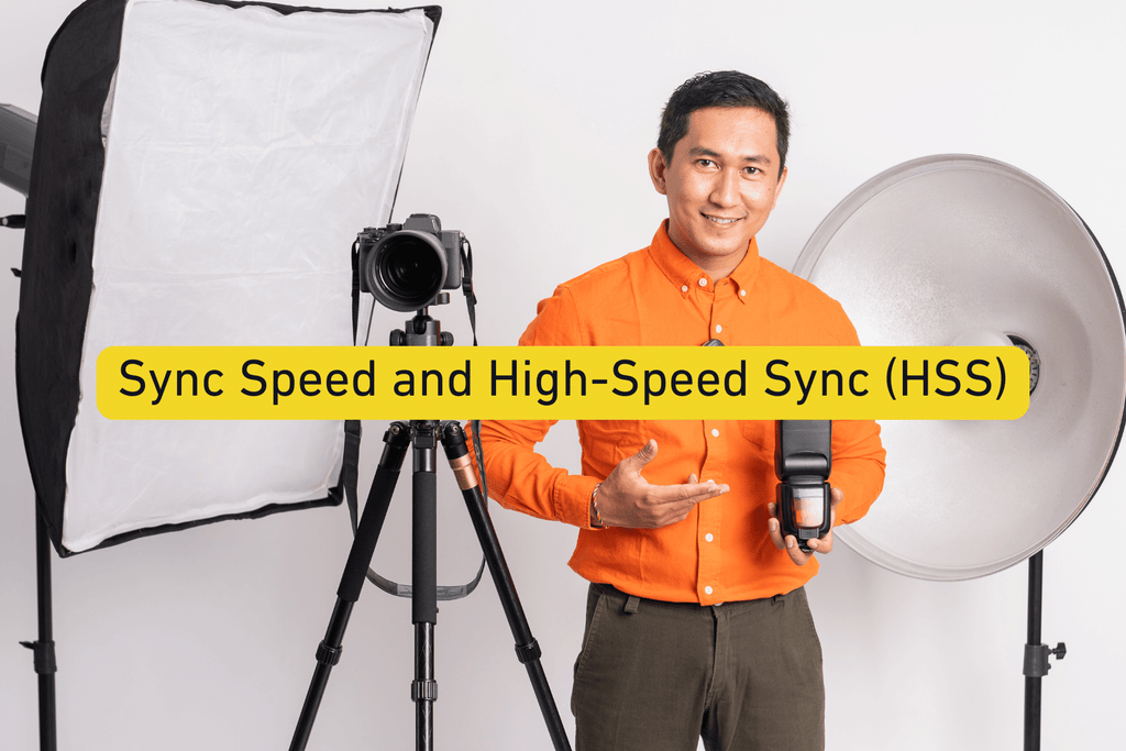 male photographer holding a camera flash in a studio with Sync Speed and High-Speed Sync (HSS) text overlay