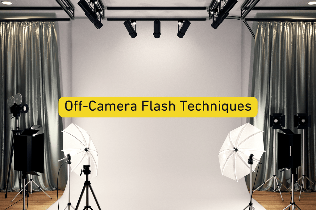 photography studio and background with Off-Camera Flash Techniques text overlay