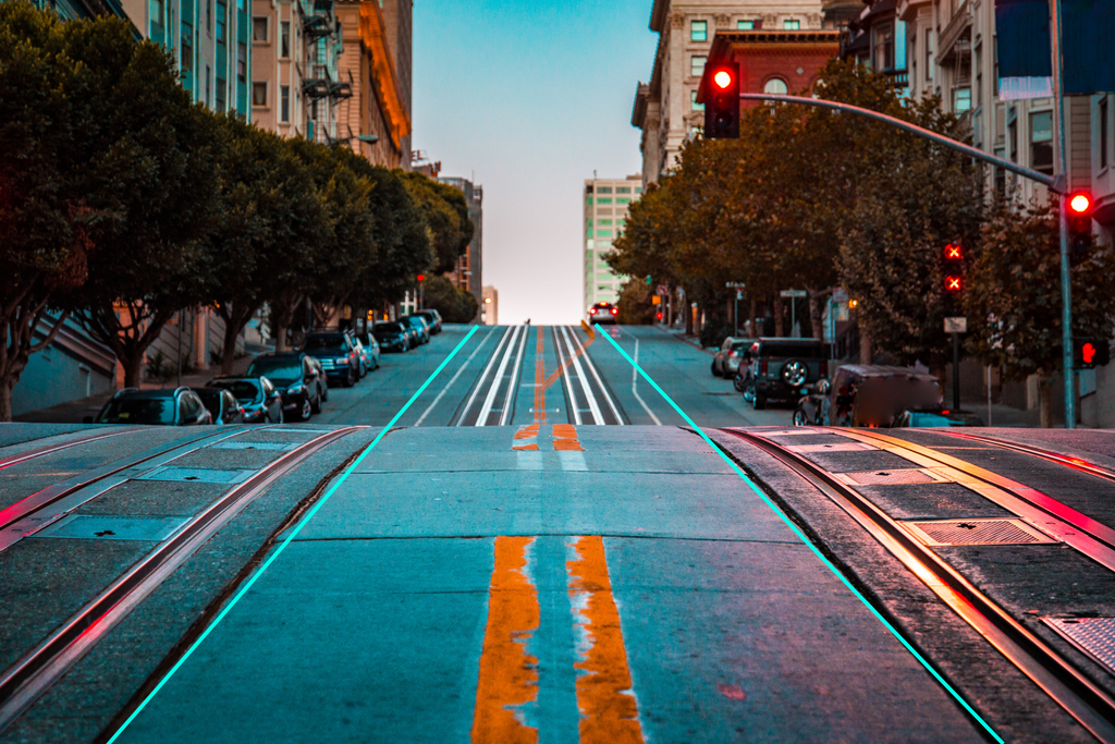 san francisco street and cable cart tracks, converting leading lines overlay