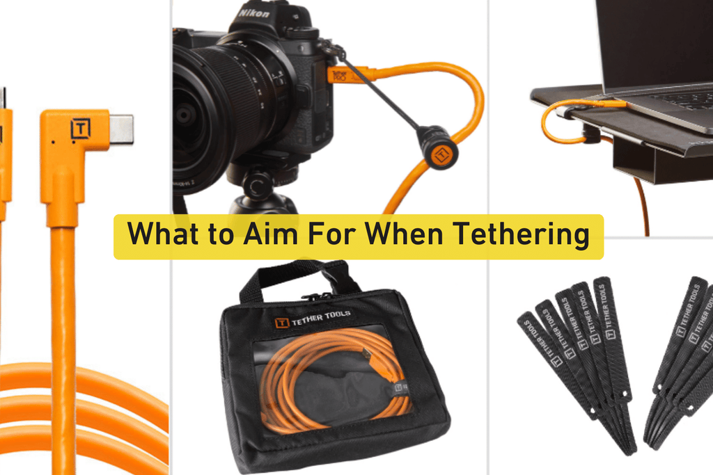 collage of tethering accessories and a professional camera