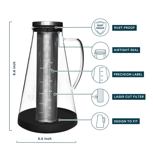 RJ3 6 Cup Ovalware Airtight Cold Brew Iced Coffee Maker 1.5L + Ice Tea Pot