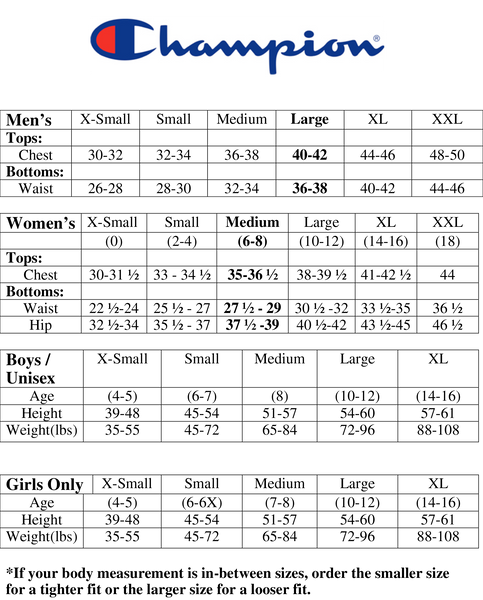 champion men's pants size chart