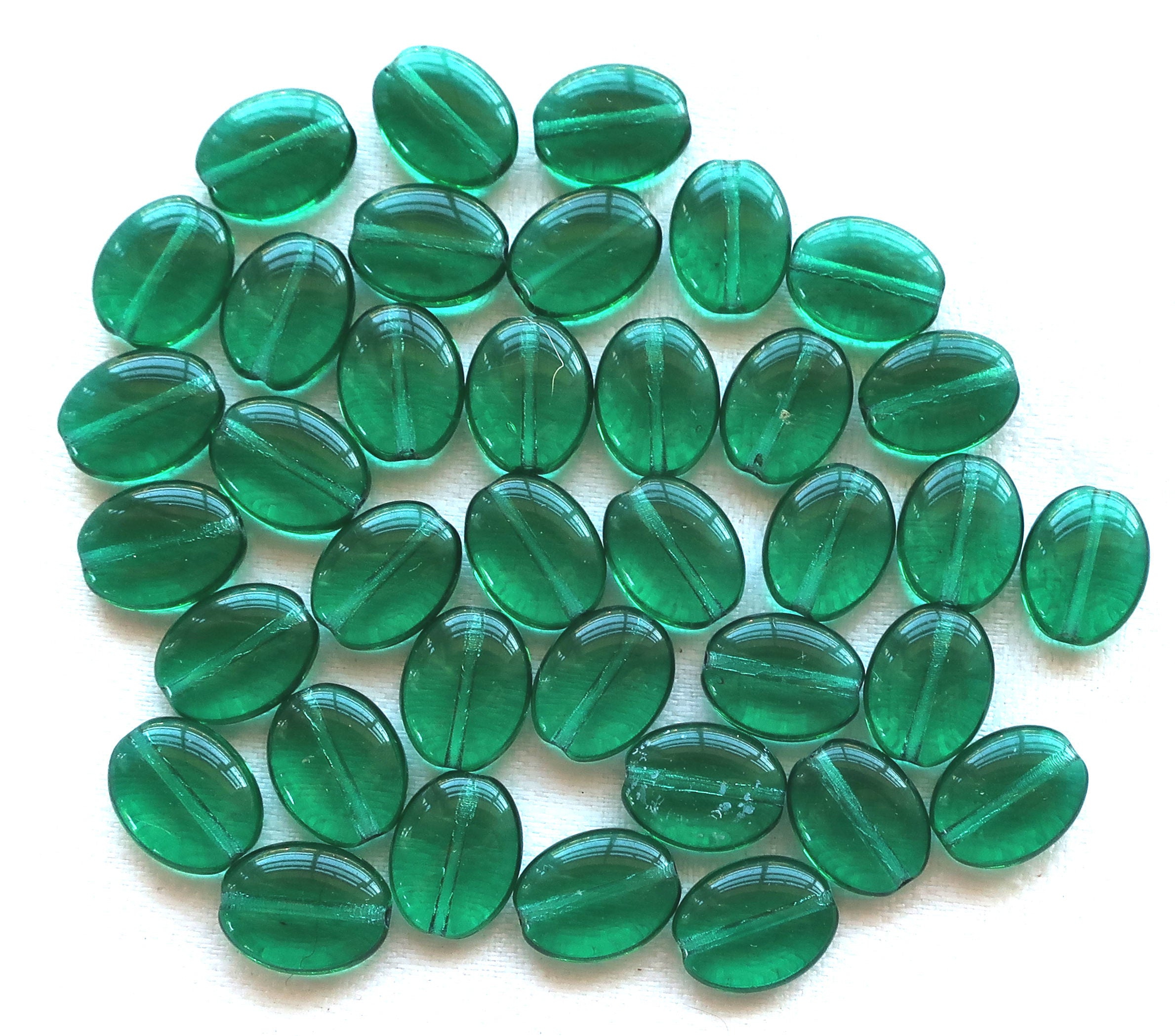 25 Teal Green flat oval Czech Glass beads, 12mm x 9mm pressed glass be