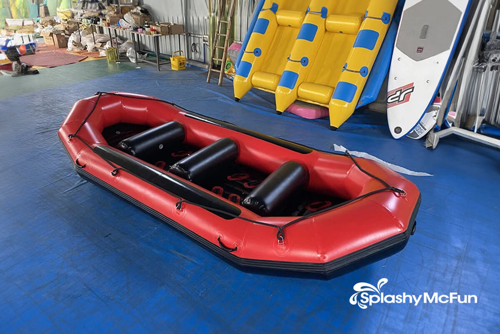 This is the red and black BRIS 13ft Inflatable White Water Inflatable Boat Floating Tube on display.