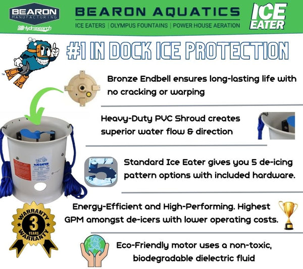 The features of the Bearon Aquatics PowerHouse Ice Eater: High Performing with Low Operating Costs. Bronze Endbell ensures long-lasting life with no cracking or warping 5 Different Deicing patterns.