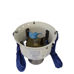 Bearon Aquatics P250 Ice Eater - 1/4 Hp De-Icer. A white shroud encompasses the ice eater motor except for the bottom of the motor and the propellor. 2 Blue mooring ropes are attached.