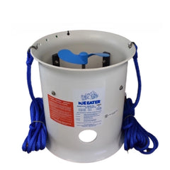 Bearon Aquatics P750 Ice Eater - 3/4 Hp De-icer. The white cylinder shroud encompasses the motor and we only see the blue propellor sticking up. There is a blue mooring rope attached to each side of the shroud.