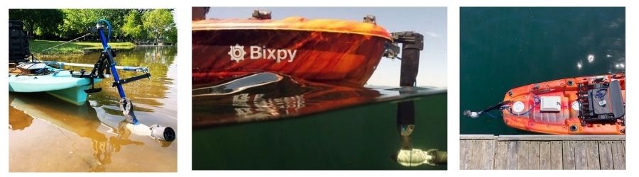 Bixpy Jet Motor for Kayaks, SUPs, and Inflatable Boats. 3 images, kayak with motor on the beach, kayak motor side view underwater, and top view of bixpy motor on a kayak.