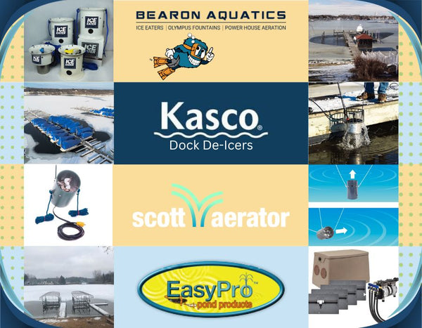 The 4 options of dock deicing: Bearon Aquatics Ice Eater, Kasco De-Icers, Scott Aerator DeIcers, and EasyPro Dock Bubblers