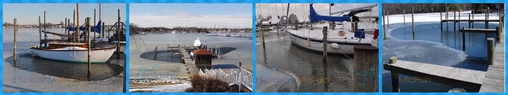 Images of dock ice protection provided by Power House Ice Eater, Kasco De Icer, and Scott Aerator Dock Mount De Icer as well as Scott Aerator Floating De Icer