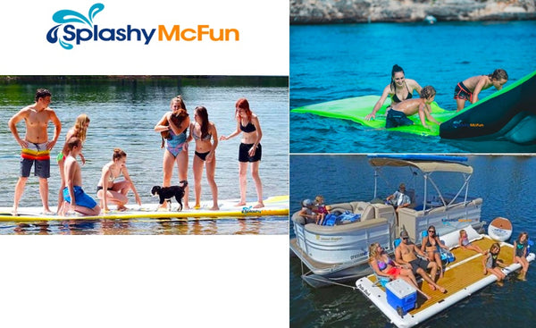 3 images of floating water mats. A foam floating water mat, an inflatable water mat, and an inflatable dock.