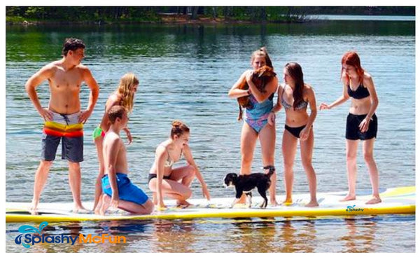 7 people are shown on top of an inflatable water mat with 2 dogs also.