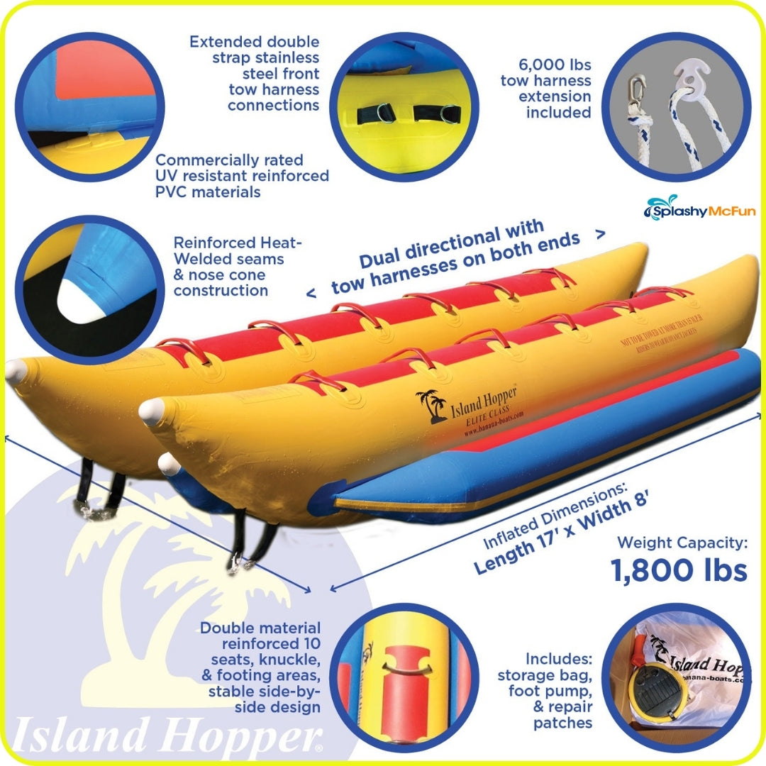 10 Person Island Hopper Banana Boat Tube options: Classic, Whale Ride, or Red Shark