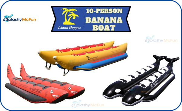 10 Person Island Hopper Banana Boat Tube options: Classic, Whale Ride, or Red Shark