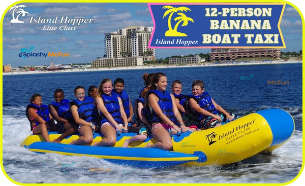 Island Hopper 12 Person Banana Boat Tube Taxi on the water. Full of 12 kids with resorts in the background.